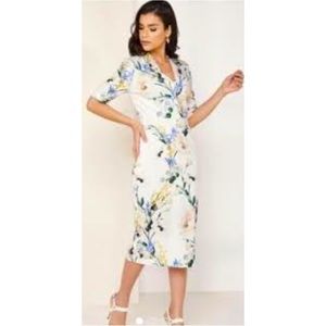 TED BAKER LYLII FLORAL MIDI FORM FITTED V-NECK DRESS SZ US 8/10 OR TED SZ 3